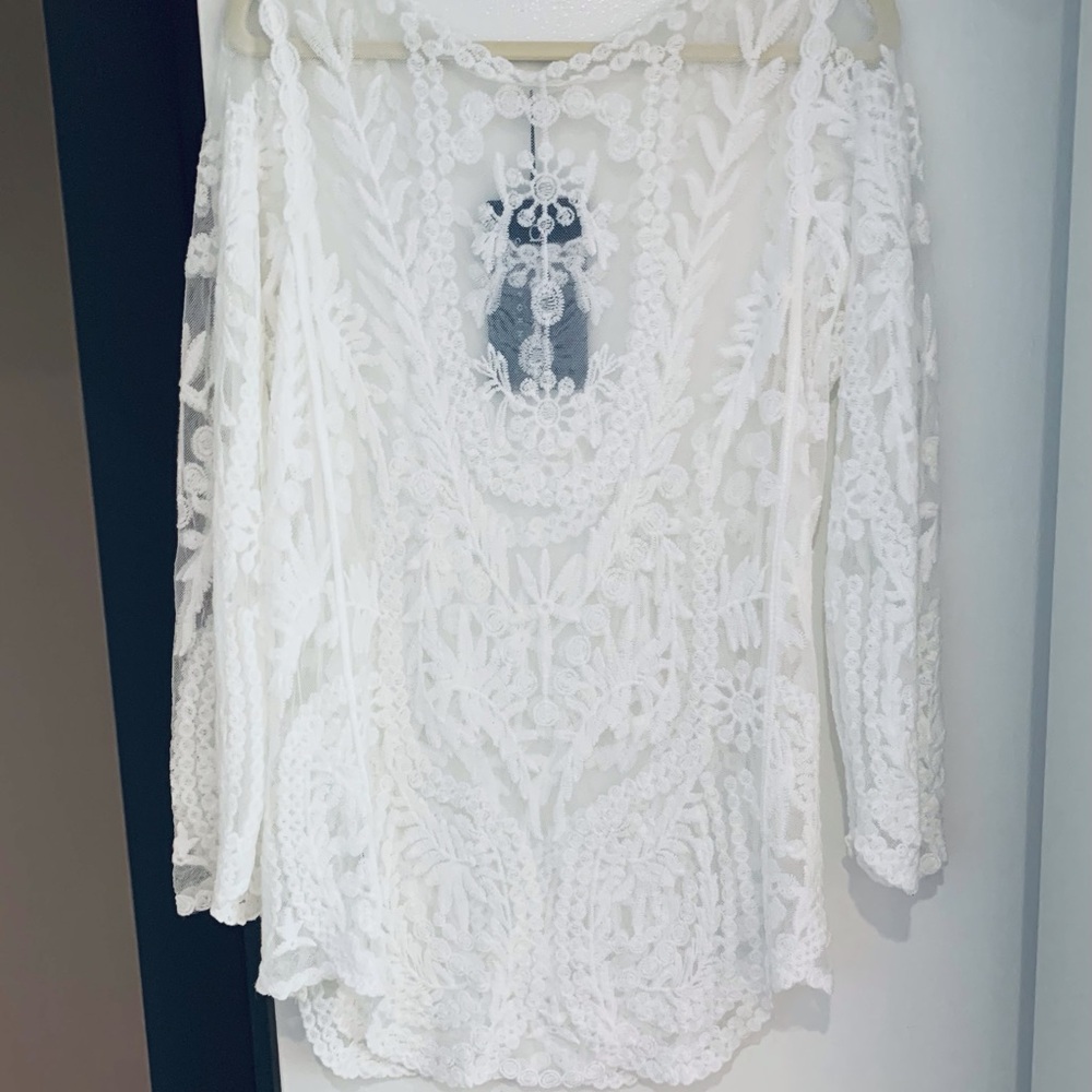 Anna-Kaci Floral Embroidered Lace Mini Dress Cover Up Ivory One Size - Picture 3 of 7
